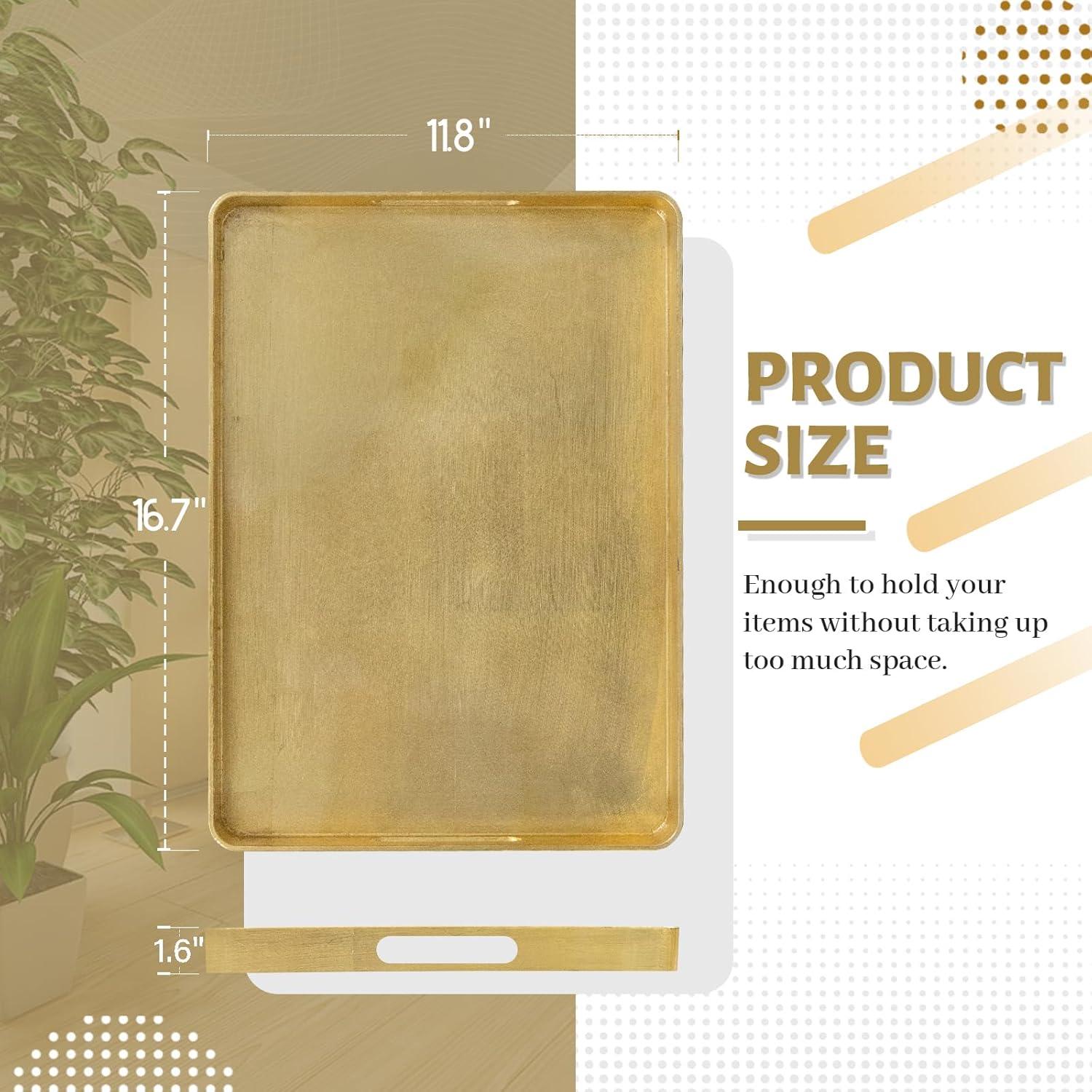 MAONAME Gold Decorative Tray with Handles, Foil Serving Tray for Ottoman, Rectangular Coffee Trays for Living Room, Bathroom, 16.7 L x 11.8 W x 1.6 H